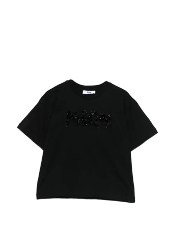 Msgm tshirt nera bambina logo con paillettes