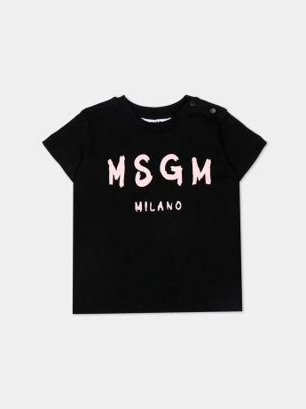 Msgm tshirt nera rosa neonata logo rosa