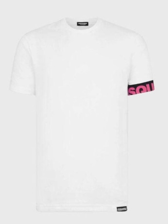 Dsquared2 tshirt bianca fucsia uomo logo fuccia sul braccio