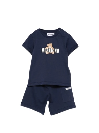 Moschino set blu navy neonato logo teddy