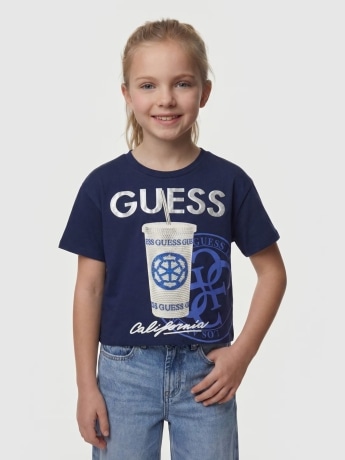 Guess tshirt blu navy bambina maxi logo con strass