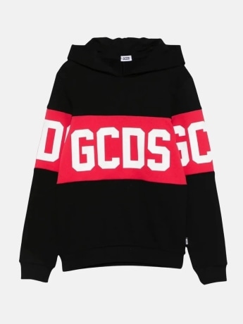 Gcds felpa nera bambino  con cappuccio maxi logo