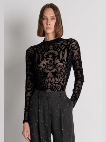 Fracomina body nero donna in pizzo micro logo